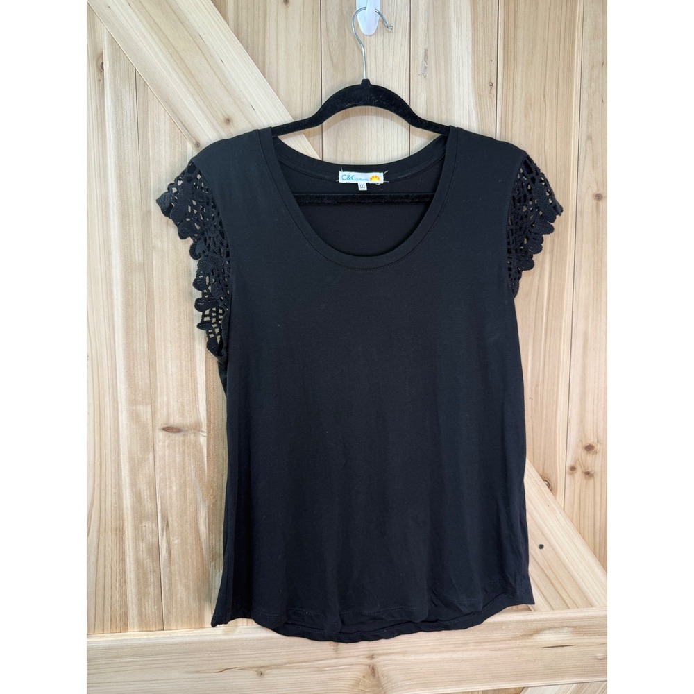 C&C California Black Crochet Lace Flutter Sleeve Scoop Neck Top Medium